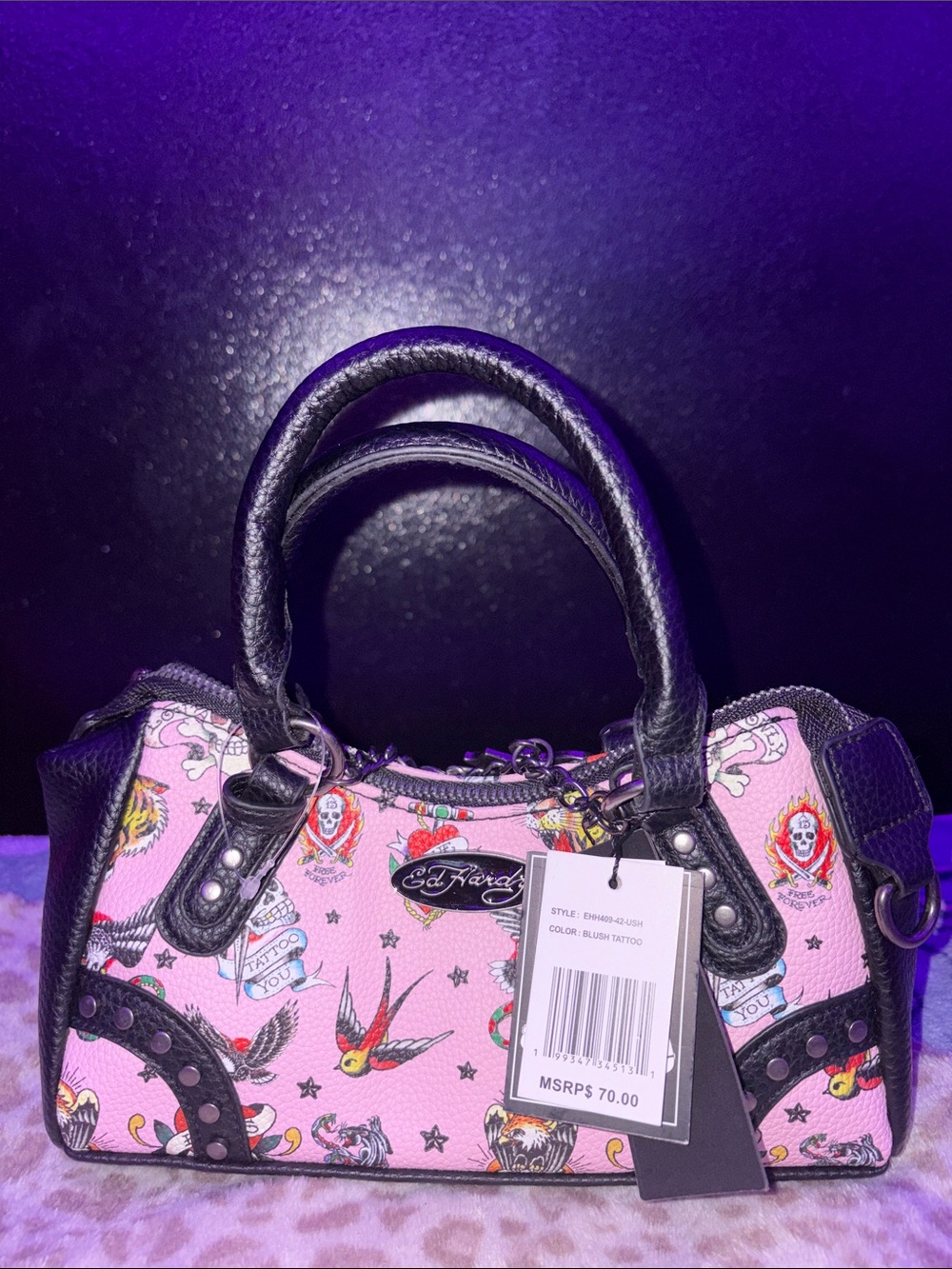 Ed Hardy Pink Tattoo-Print Satchel with Black Trim